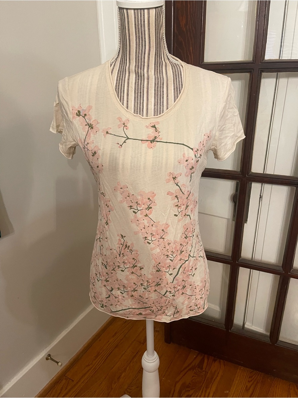 Sundance Cream Short Sleeve Tee with Pink Floral Branch Print